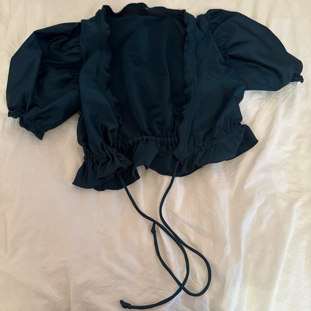 Blue Ruffled Puff Sleeve Blouse with Tie Front